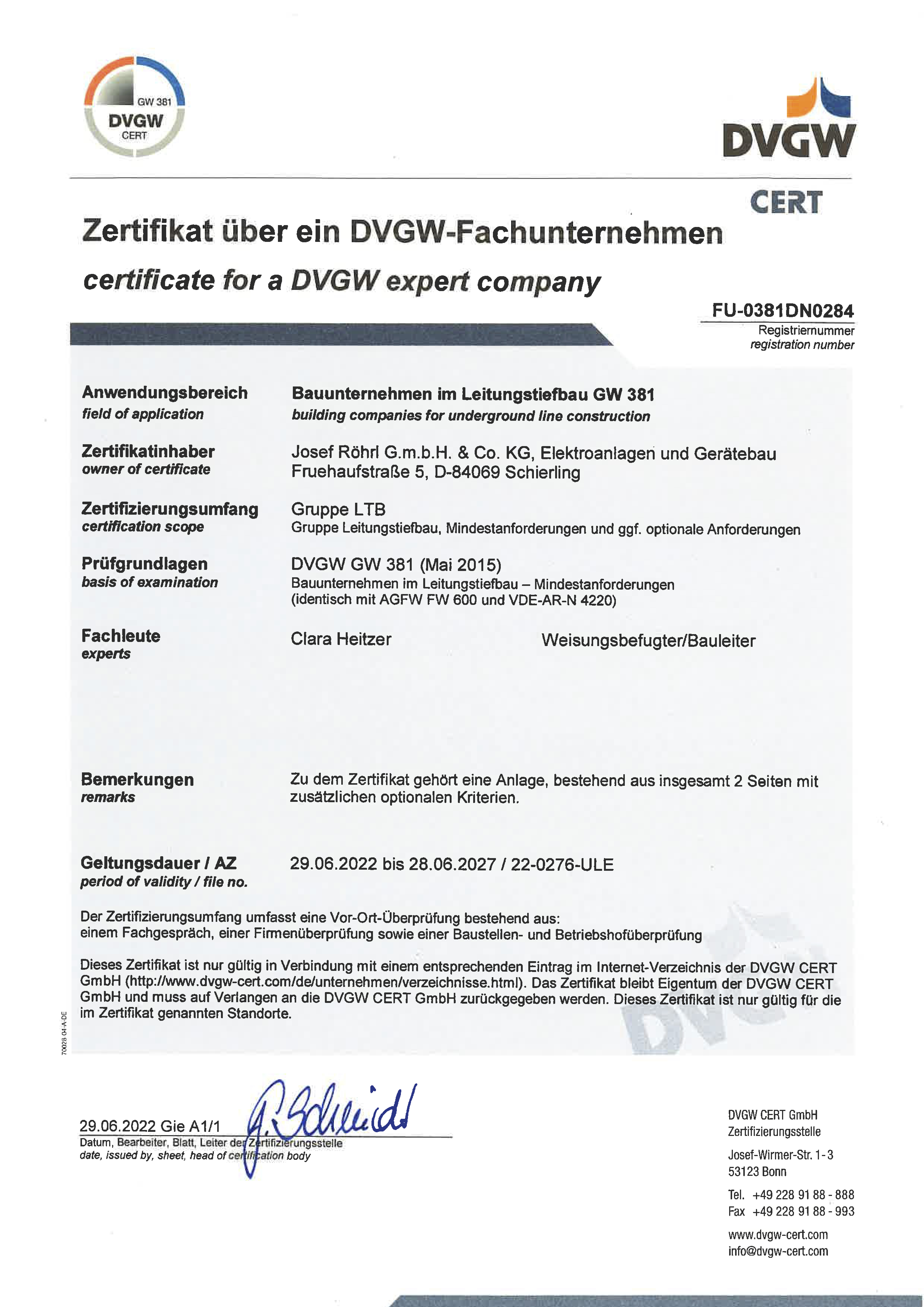 Elektrobau Röhrl - Zertifikat DVGW Fachunternehmen